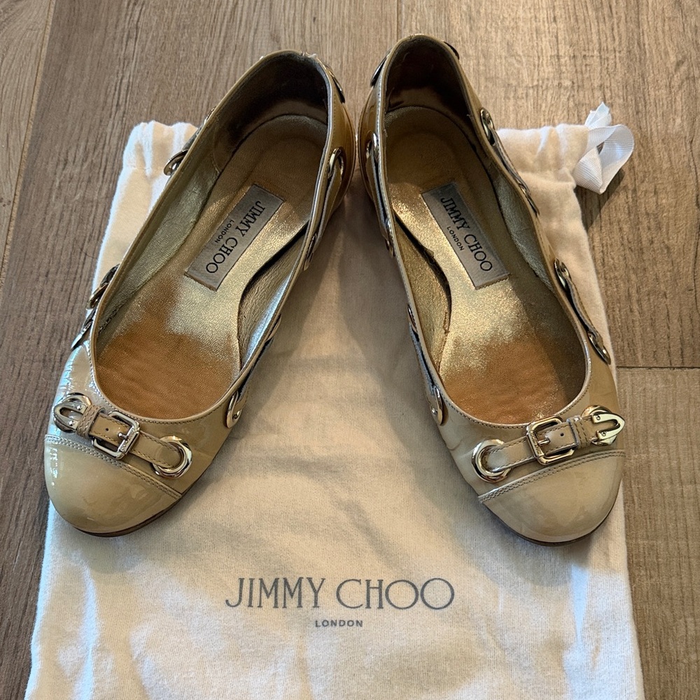 Jimmy Choo Beige Leather Flats with Metallic Details